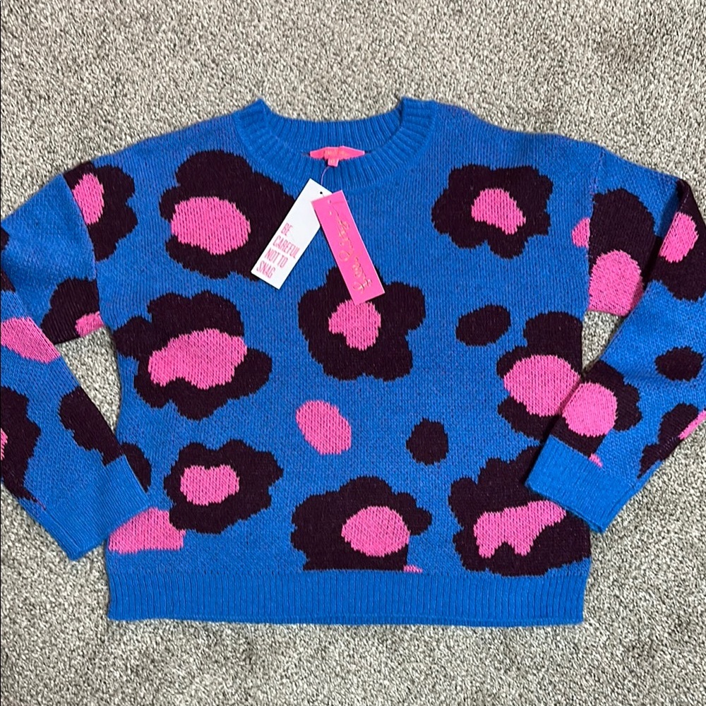 Lilly Pulitzer Blue and Pink Crew Neck Sweater with Artistic Floral Design